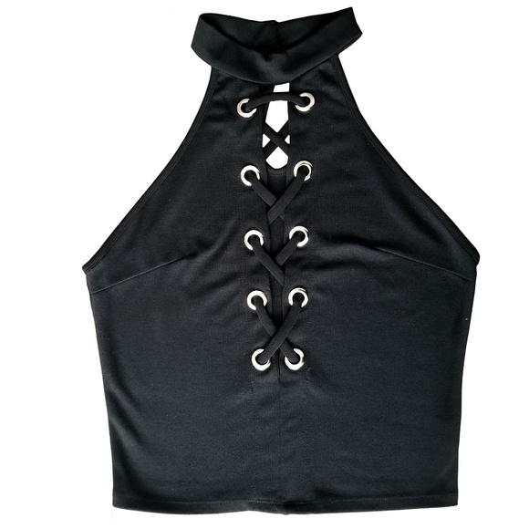 KTOO Tops - KTOO Sexy High Neck Cropped Laced Black Top